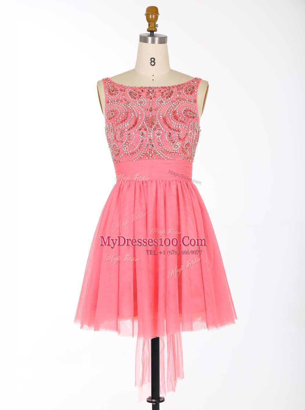 Delicate Scoop Sleeveless Mini Length Beading and Sashes ribbons Backless Womens Party Dresses with Watermelon Red