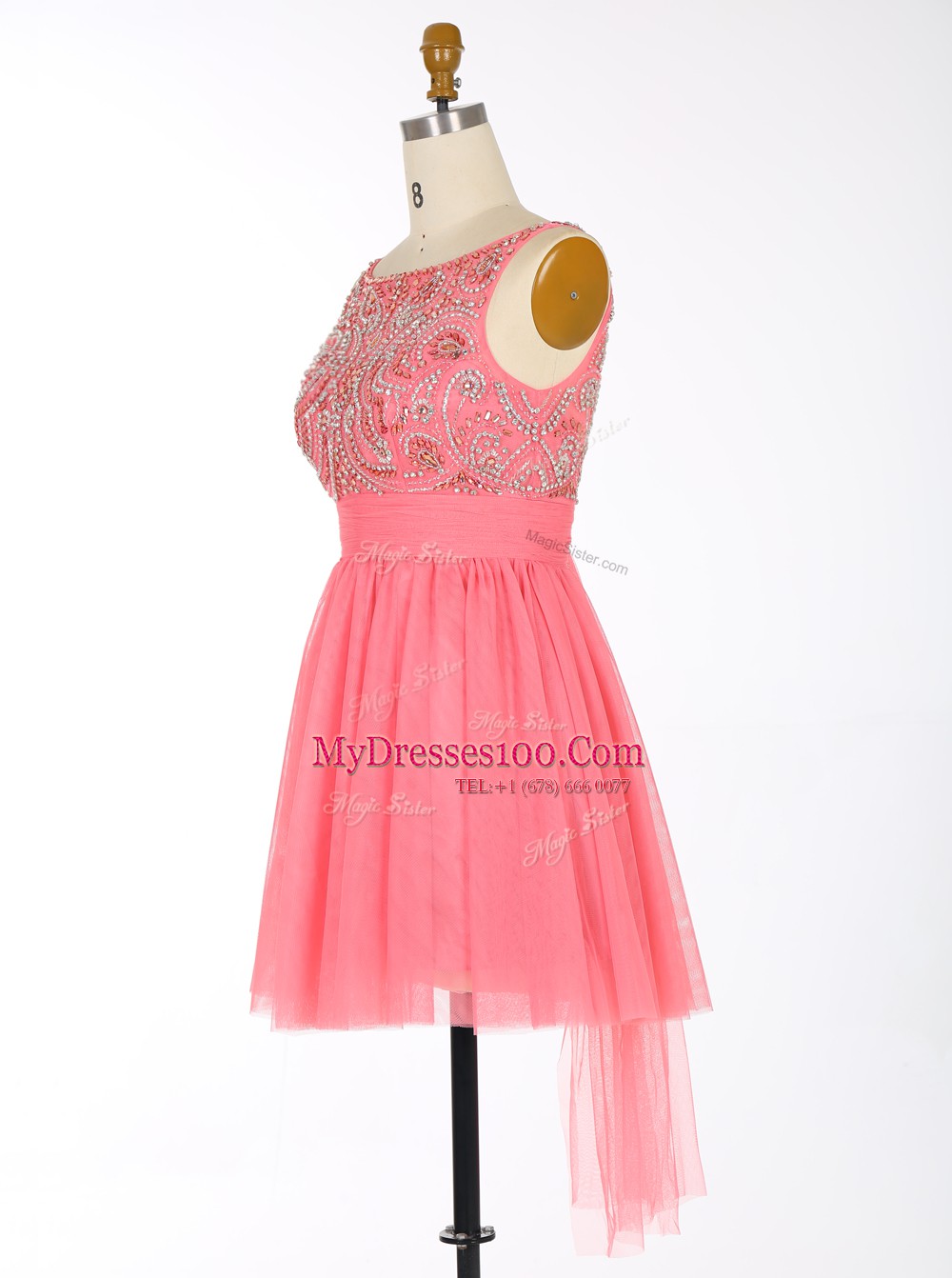 Delicate Scoop Sleeveless Mini Length Beading and Sashes ribbons Backless Womens Party Dresses with Watermelon Red