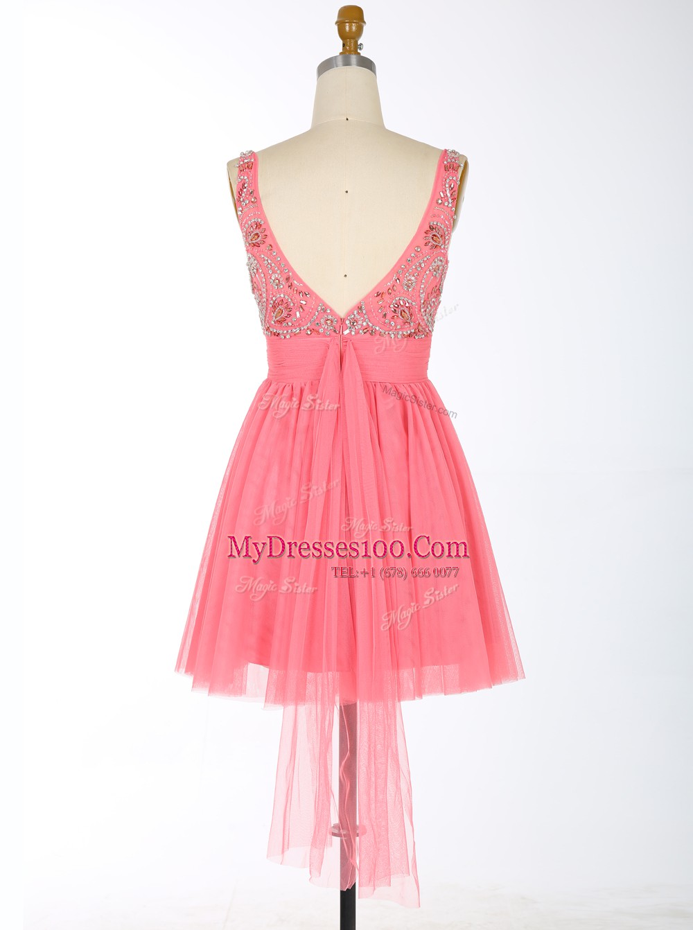 Delicate Scoop Sleeveless Mini Length Beading and Sashes ribbons Backless Womens Party Dresses with Watermelon Red