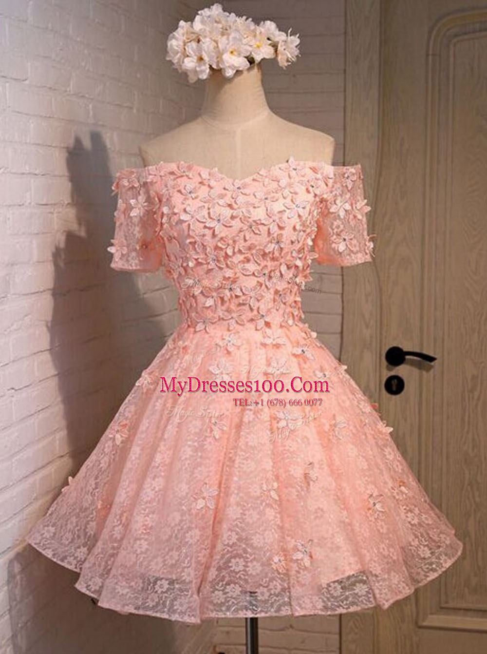 Peach A-line Off The Shoulder Sleeveless Lace Mini Length Lace Up Appliques Formal Evening Gowns