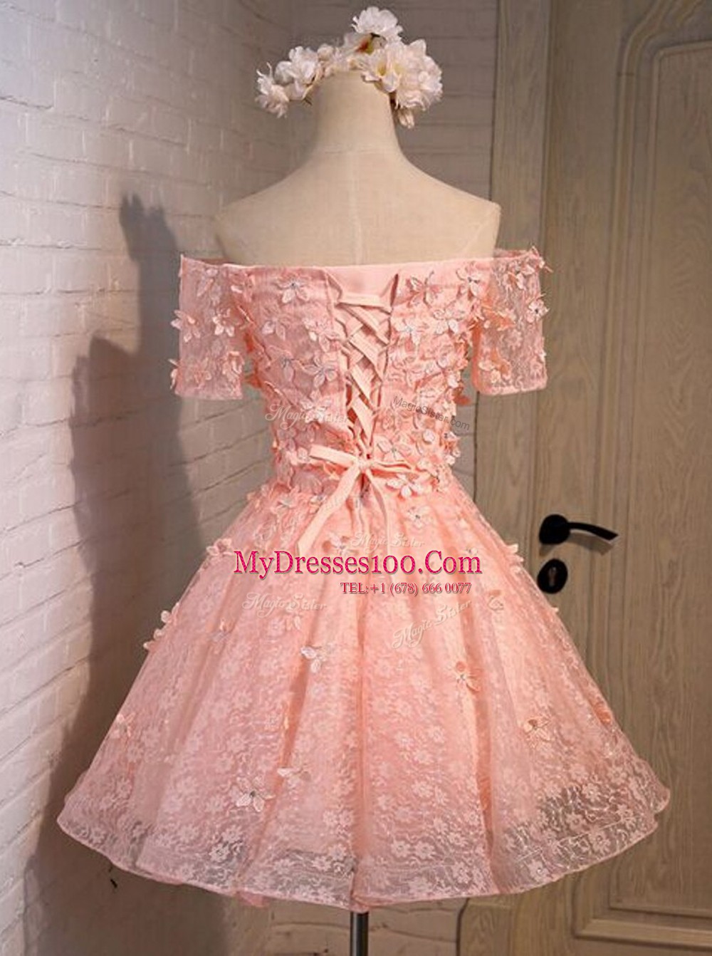 Peach A-line Off The Shoulder Sleeveless Lace Mini Length Lace Up Appliques Formal Evening Gowns