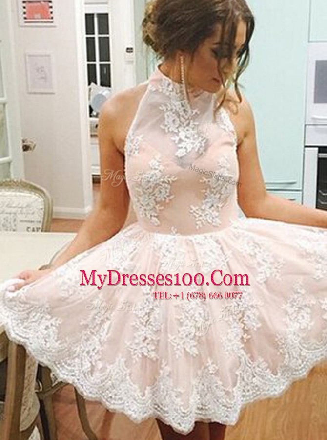Champagne Sleeveless Lace Zipper Prom Dresses