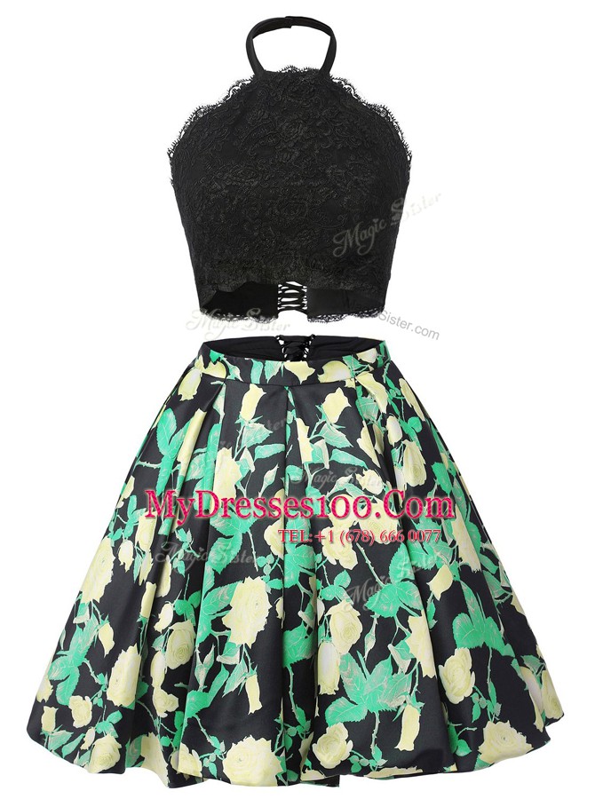 Traditional Multi-color A-line Satin Halter Top Sleeveless Lace Mini Length Lace Up Evening Dress