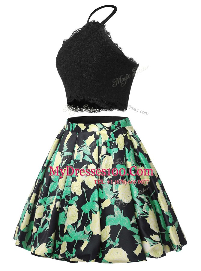 Traditional Multi-color A-line Satin Halter Top Sleeveless Lace Mini Length Lace Up Evening Dress
