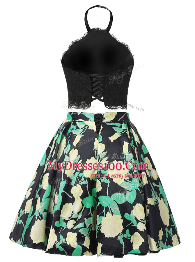 Traditional Multi-color A-line Satin Halter Top Sleeveless Lace Mini Length Lace Up Evening Dress