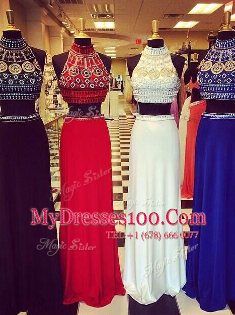 Backless Navy Blue Sleeveless Sweep Train Beading Dress for Prom