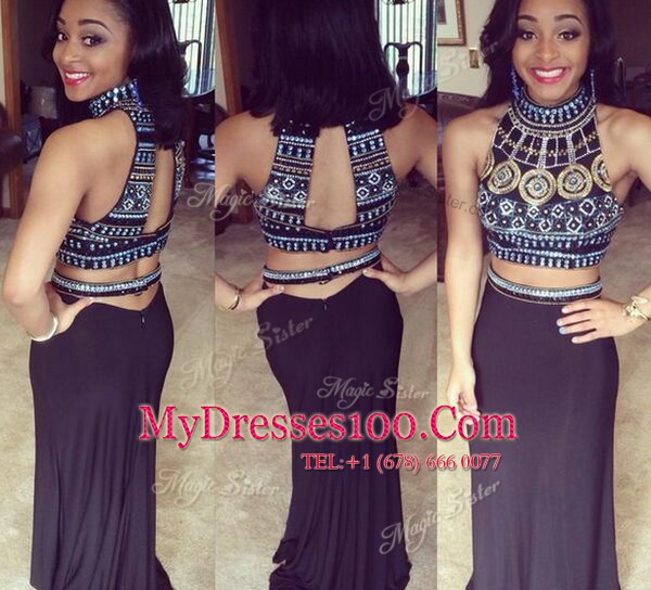 Backless Navy Blue Sleeveless Sweep Train Beading Dress for Prom