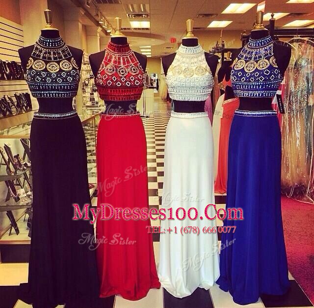Backless Navy Blue Sleeveless Sweep Train Beading Dress for Prom