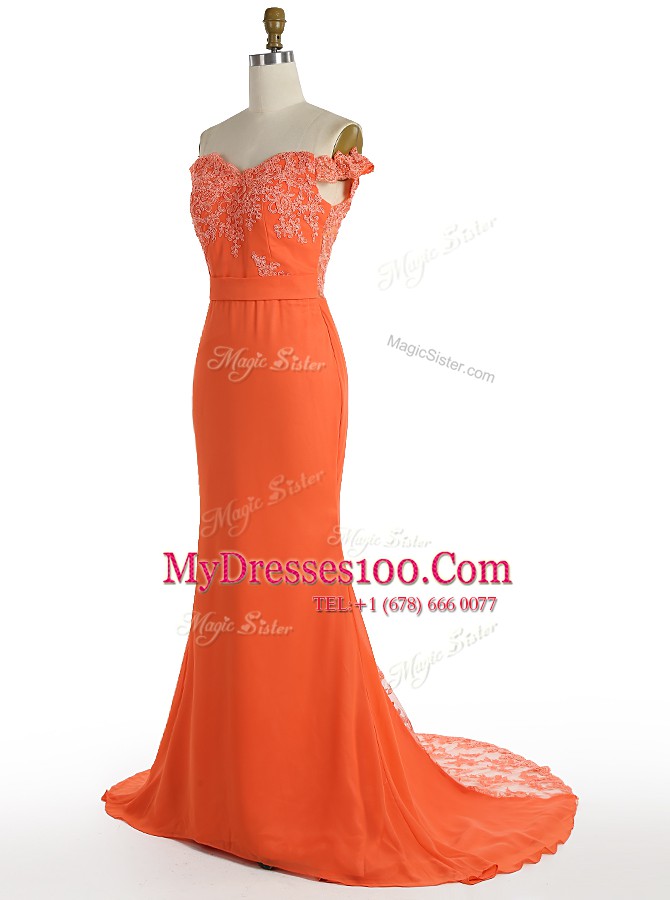 Top Selling Sweep Train Mermaid Prom Dresses Orange Off The Shoulder Satin Sleeveless With Train Zipper