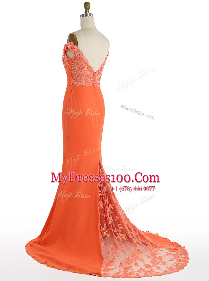 Top Selling Sweep Train Mermaid Prom Dresses Orange Off The Shoulder Satin Sleeveless With Train Zipper