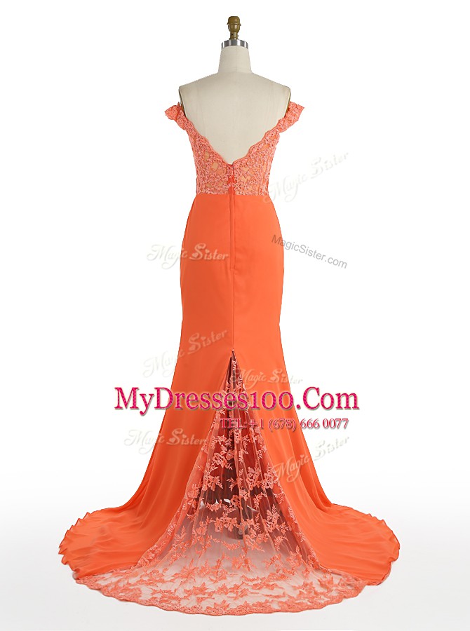 Top Selling Sweep Train Mermaid Prom Dresses Orange Off The Shoulder Satin Sleeveless With Train Zipper