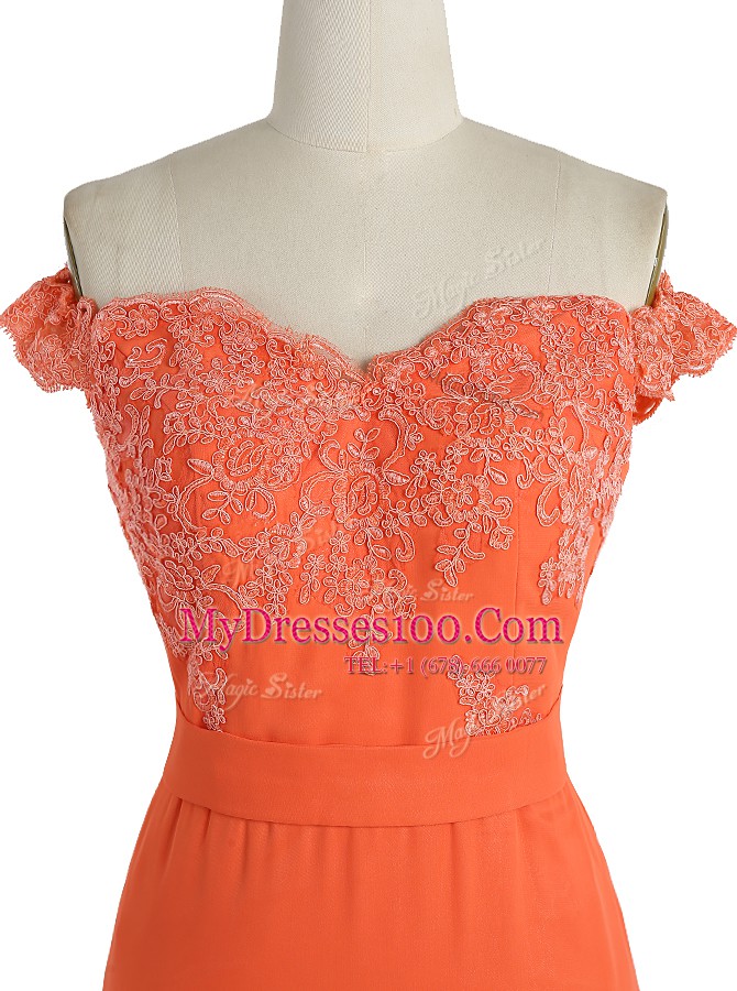 Top Selling Sweep Train Mermaid Prom Dresses Orange Off The Shoulder Satin Sleeveless With Train Zipper