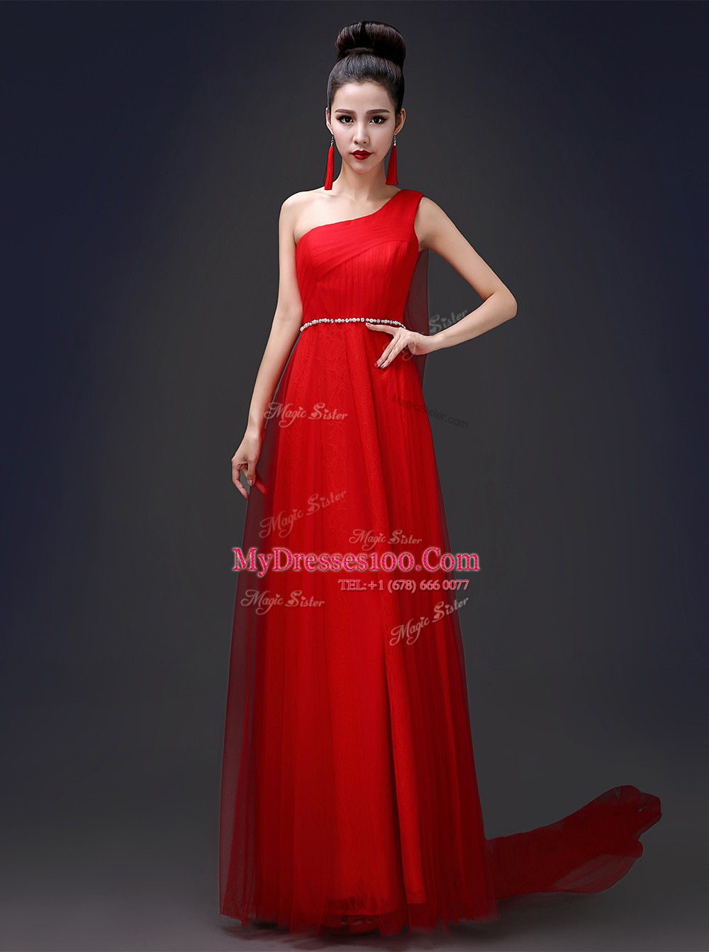 Glorious Floor Length Red Dress for Prom One Shoulder Sleeveless Zipper