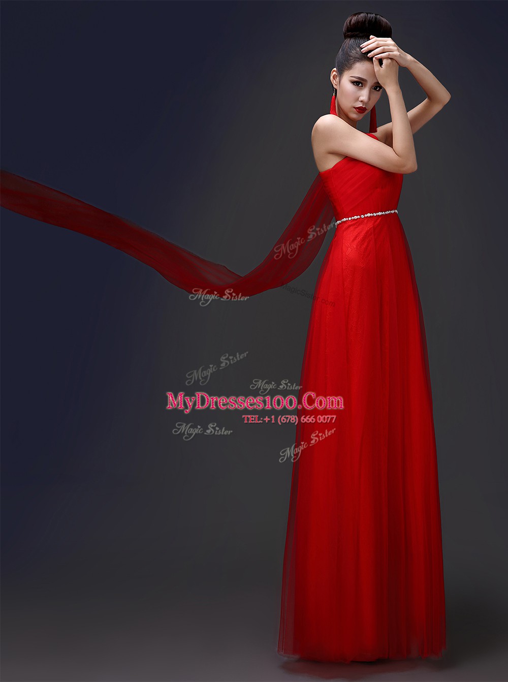Glorious Floor Length Red Dress for Prom One Shoulder Sleeveless Zipper