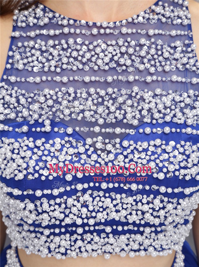 Scoop Knee Length Backless Evening Dresses Royal Blue for Prom and Party with Beading