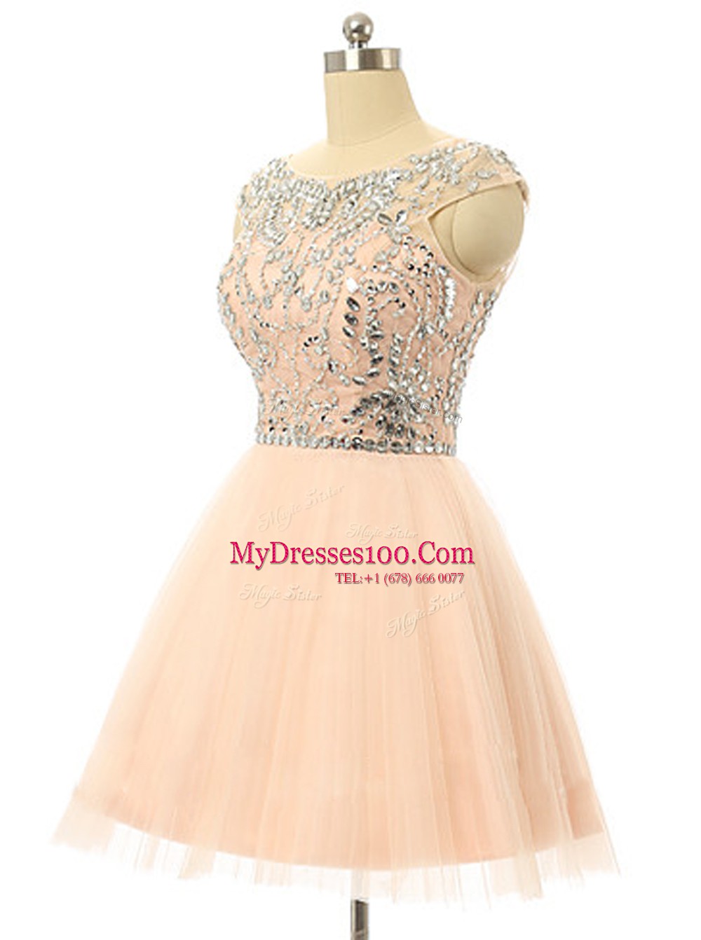 Cheap Scoop Beading and Sequins Club Wear Peach Zipper Sleeveless Knee Length