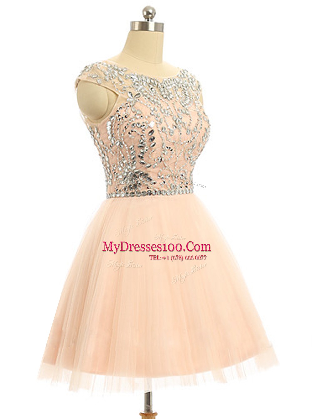 Cheap Scoop Beading and Sequins Club Wear Peach Zipper Sleeveless Knee Length