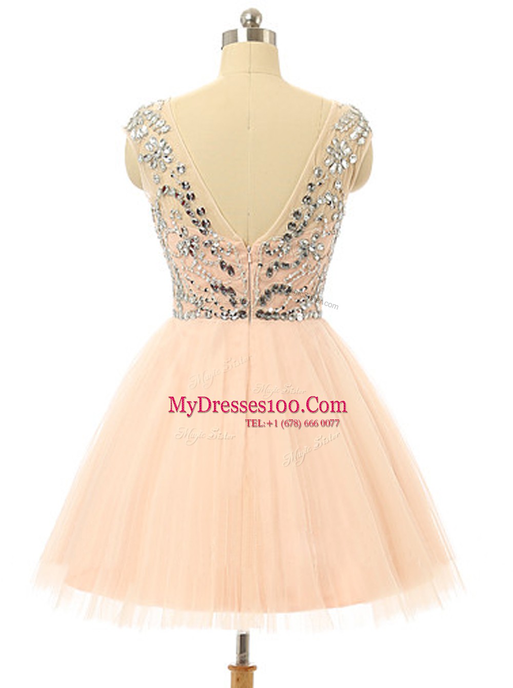Cheap Scoop Beading and Sequins Club Wear Peach Zipper Sleeveless Knee Length