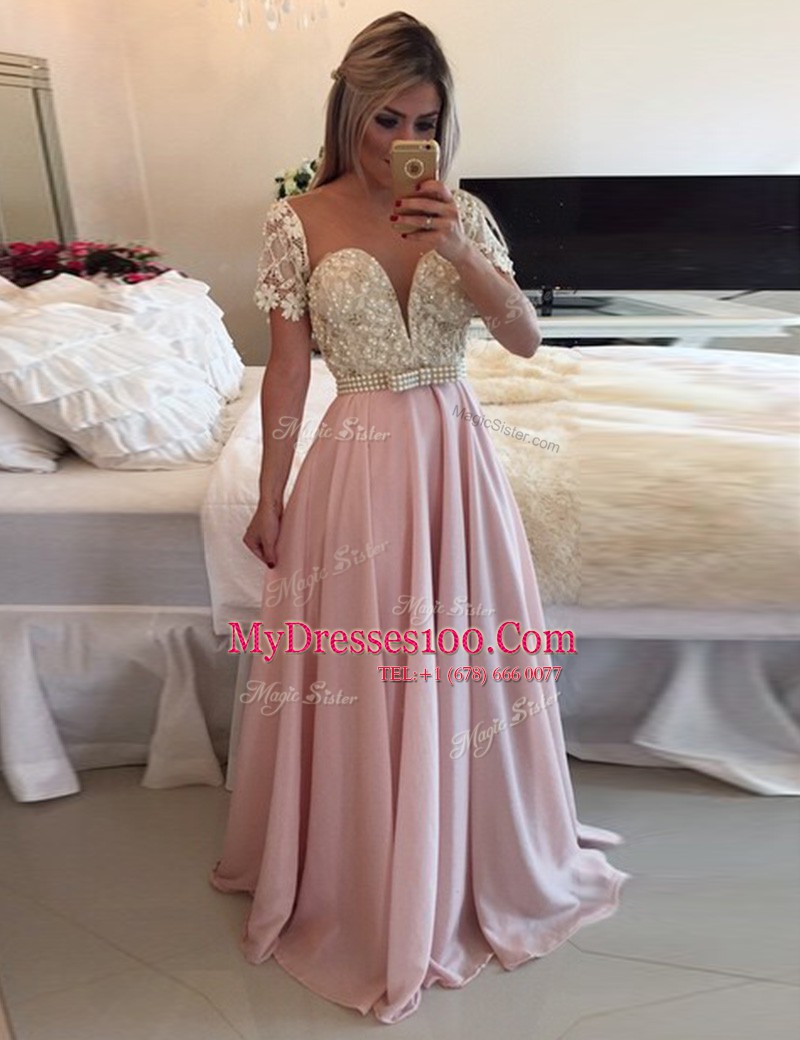 Pink Evening Outfits Prom and For with Beading and Lace Scoop Short Sleeves Zipper