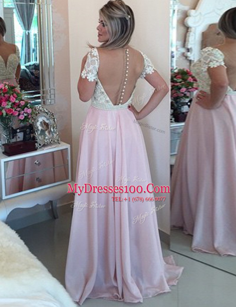 Pink Evening Outfits Prom and For with Beading and Lace Scoop Short Sleeves Zipper