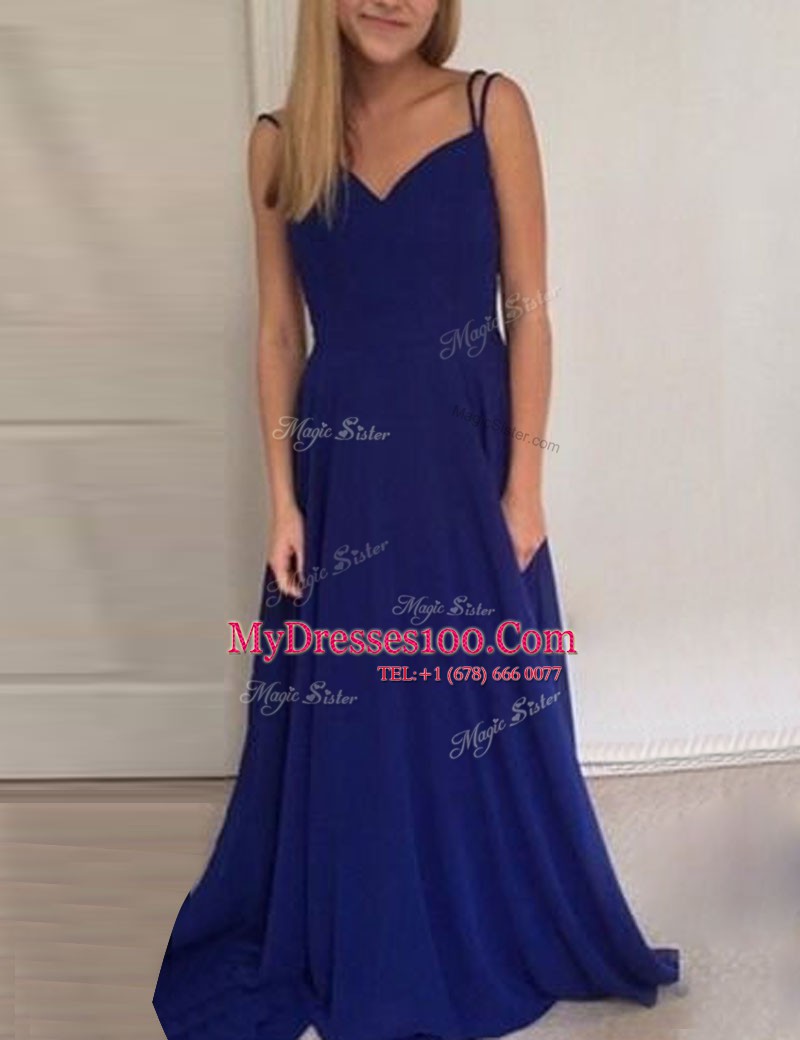 Perfect Scoop Sleeveless Chiffon Brush Train Backless Prom Evening Gown in Royal Blue with Ruching