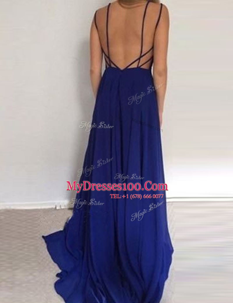 Perfect Scoop Sleeveless Chiffon Brush Train Backless Prom Evening Gown in Royal Blue with Ruching