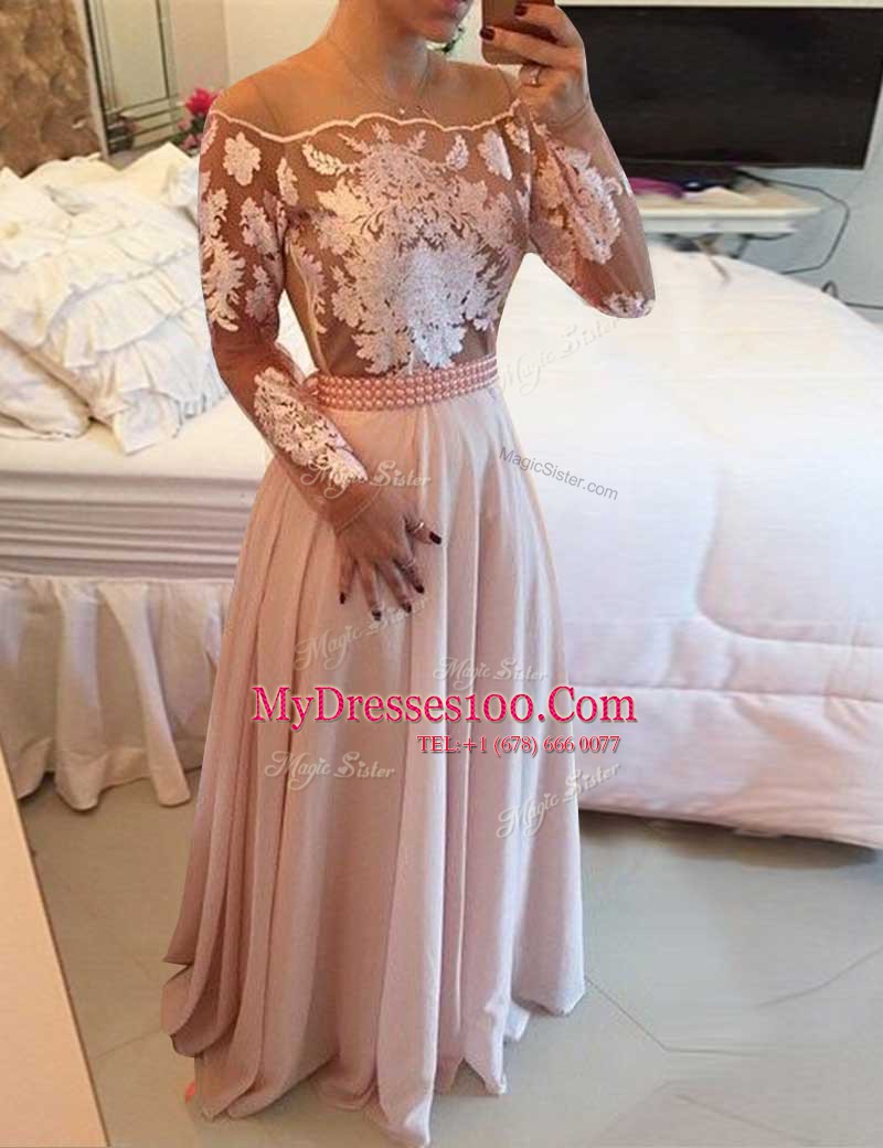 Sweet Pink Chiffon Side Zipper Scoop Long Sleeves Floor Length Prom Dress Beading and Appliques and Sashes ribbons