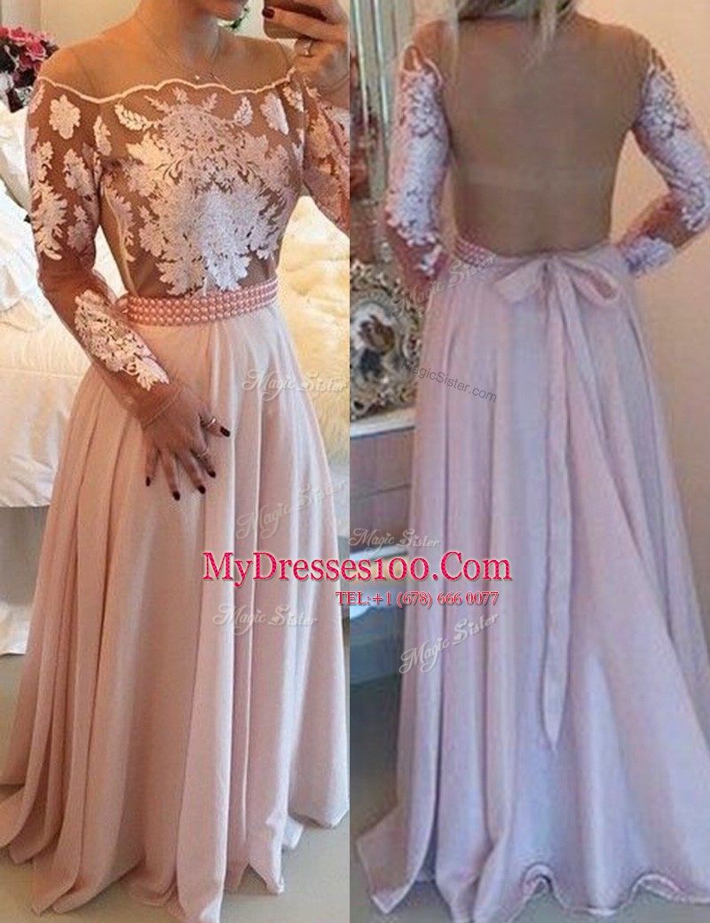 Sweet Pink Chiffon Side Zipper Scoop Long Sleeves Floor Length Prom Dress Beading and Appliques and Sashes ribbons