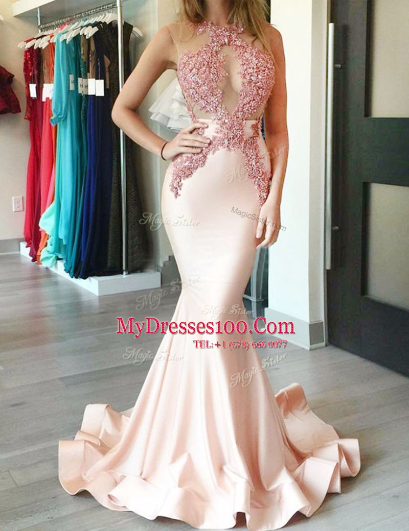 Mermaid Halter Top Sleeveless Brush Train Appliques Zipper Prom Evening Gown