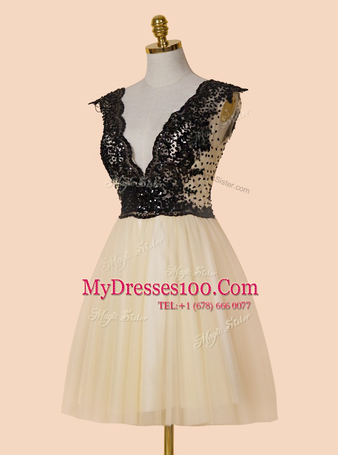 Champagne Homecoming Dress Prom and For with Appliques and Sequins V-neck Cap Sleeves Zipper