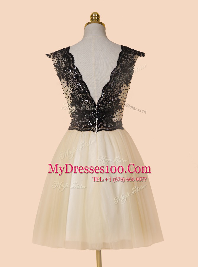 Champagne Homecoming Dress Prom and For with Appliques and Sequins V-neck Cap Sleeves Zipper