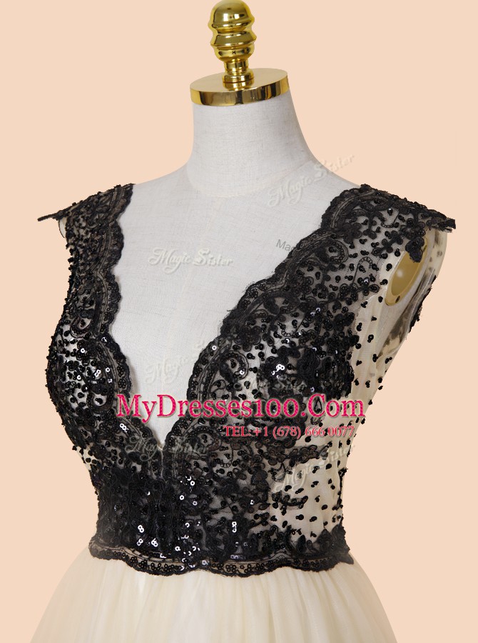 Champagne Homecoming Dress Prom and For with Appliques and Sequins V-neck Cap Sleeves Zipper