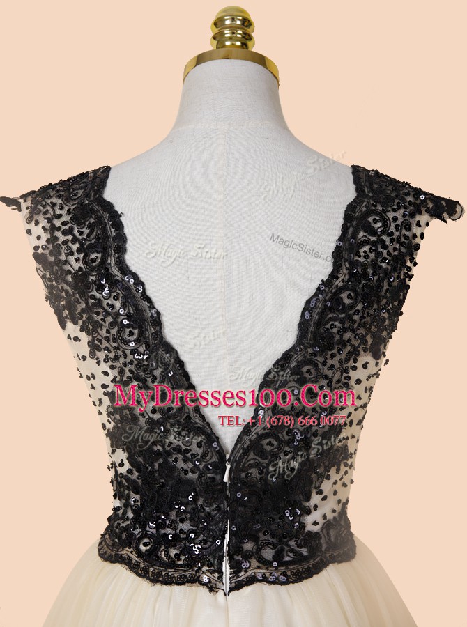 Champagne Homecoming Dress Prom and For with Appliques and Sequins V-neck Cap Sleeves Zipper