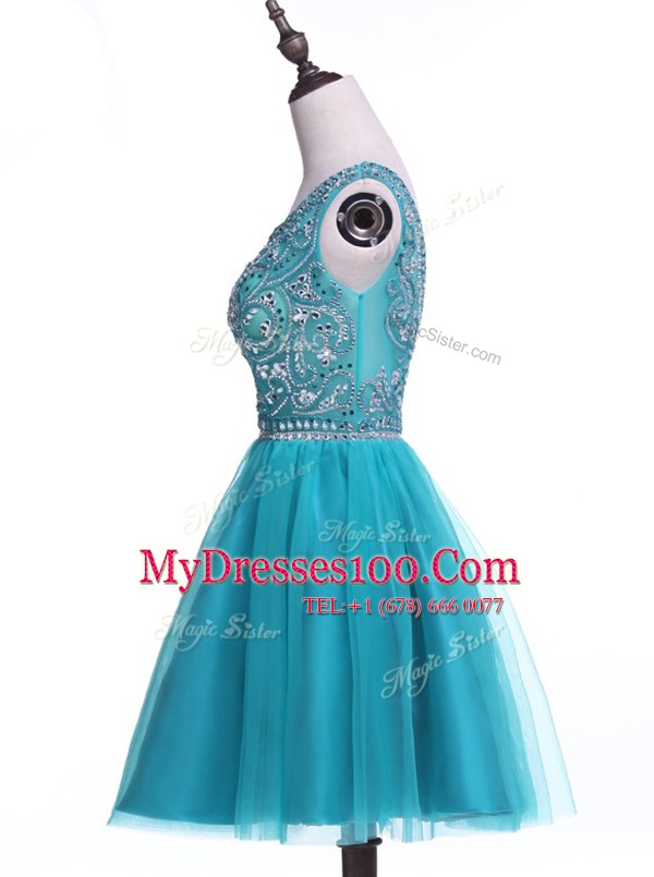 Dynamic Teal A-line Tulle Scoop Sleeveless Beading and Sequins Mini Length Zipper Prom Evening Gown
