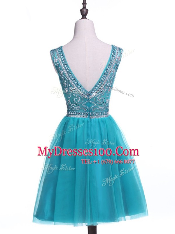 Dynamic Teal A-line Tulle Scoop Sleeveless Beading and Sequins Mini Length Zipper Prom Evening Gown
