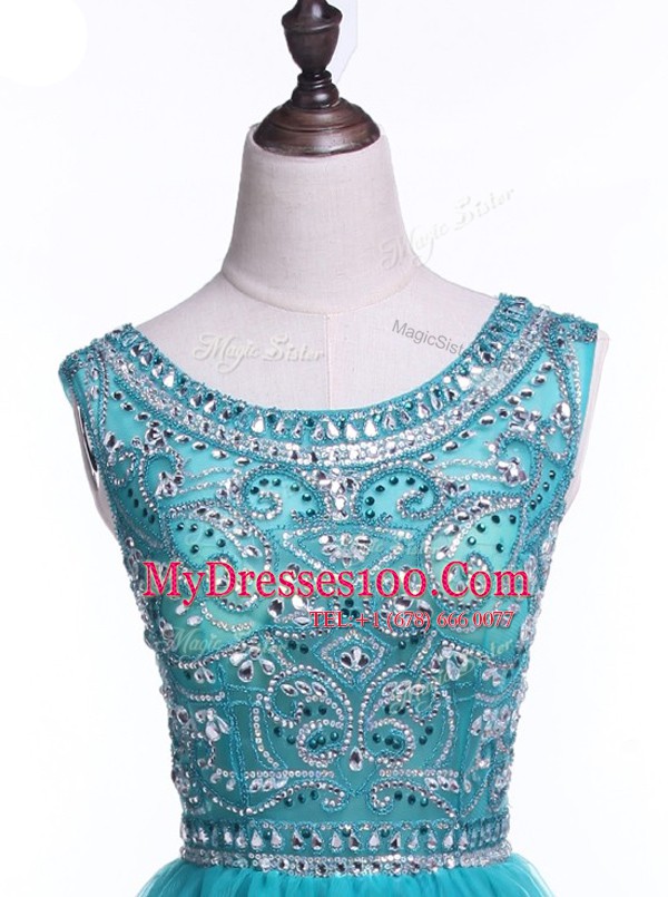 Dynamic Teal A-line Tulle Scoop Sleeveless Beading and Sequins Mini Length Zipper Prom Evening Gown