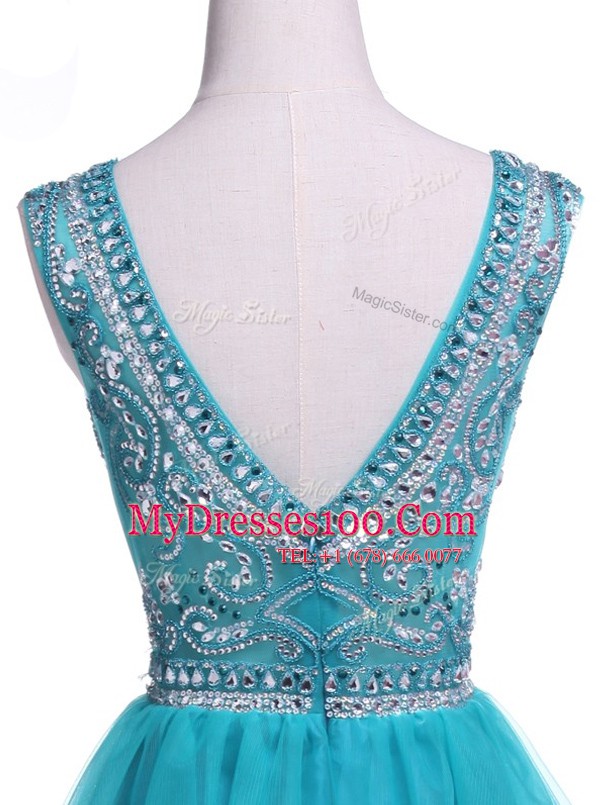 Dynamic Teal A-line Tulle Scoop Sleeveless Beading and Sequins Mini Length Zipper Prom Evening Gown