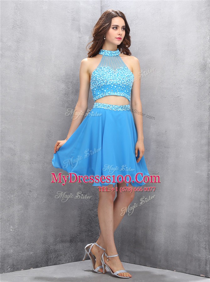Attractive Baby Blue A-line Chiffon High-neck Sleeveless Beading Knee Length Zipper Prom Party Dress