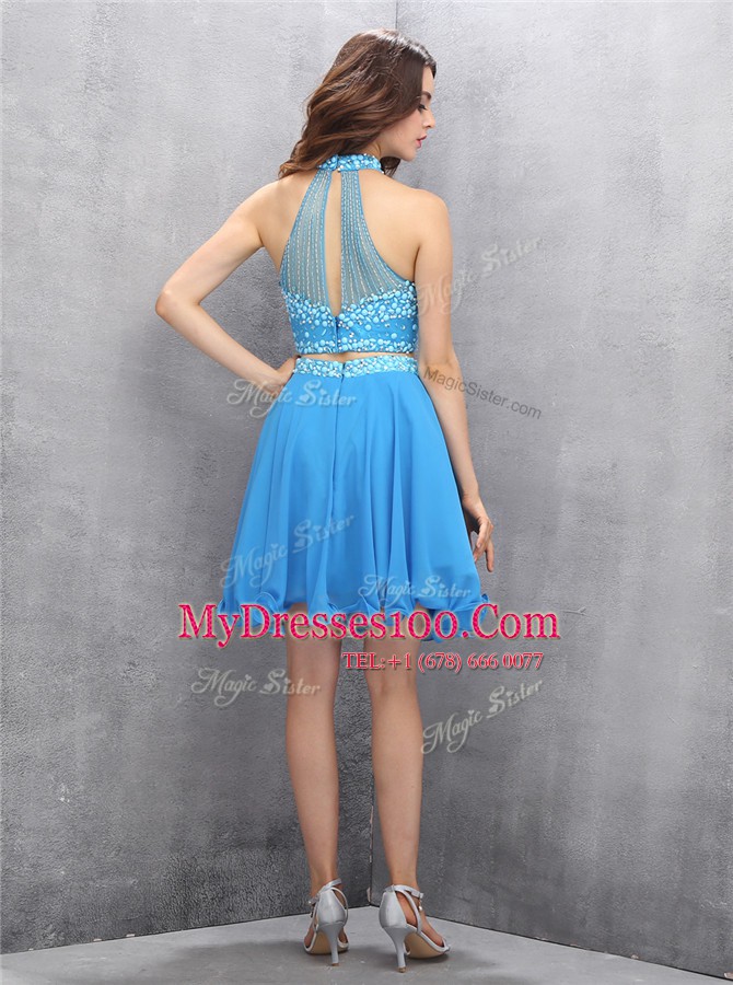 Attractive Baby Blue A-line Chiffon High-neck Sleeveless Beading Knee Length Zipper Prom Party Dress