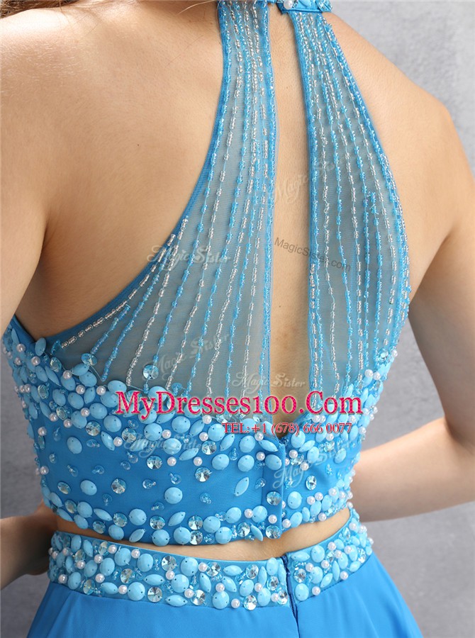 Attractive Baby Blue A-line Chiffon High-neck Sleeveless Beading Knee Length Zipper Prom Party Dress