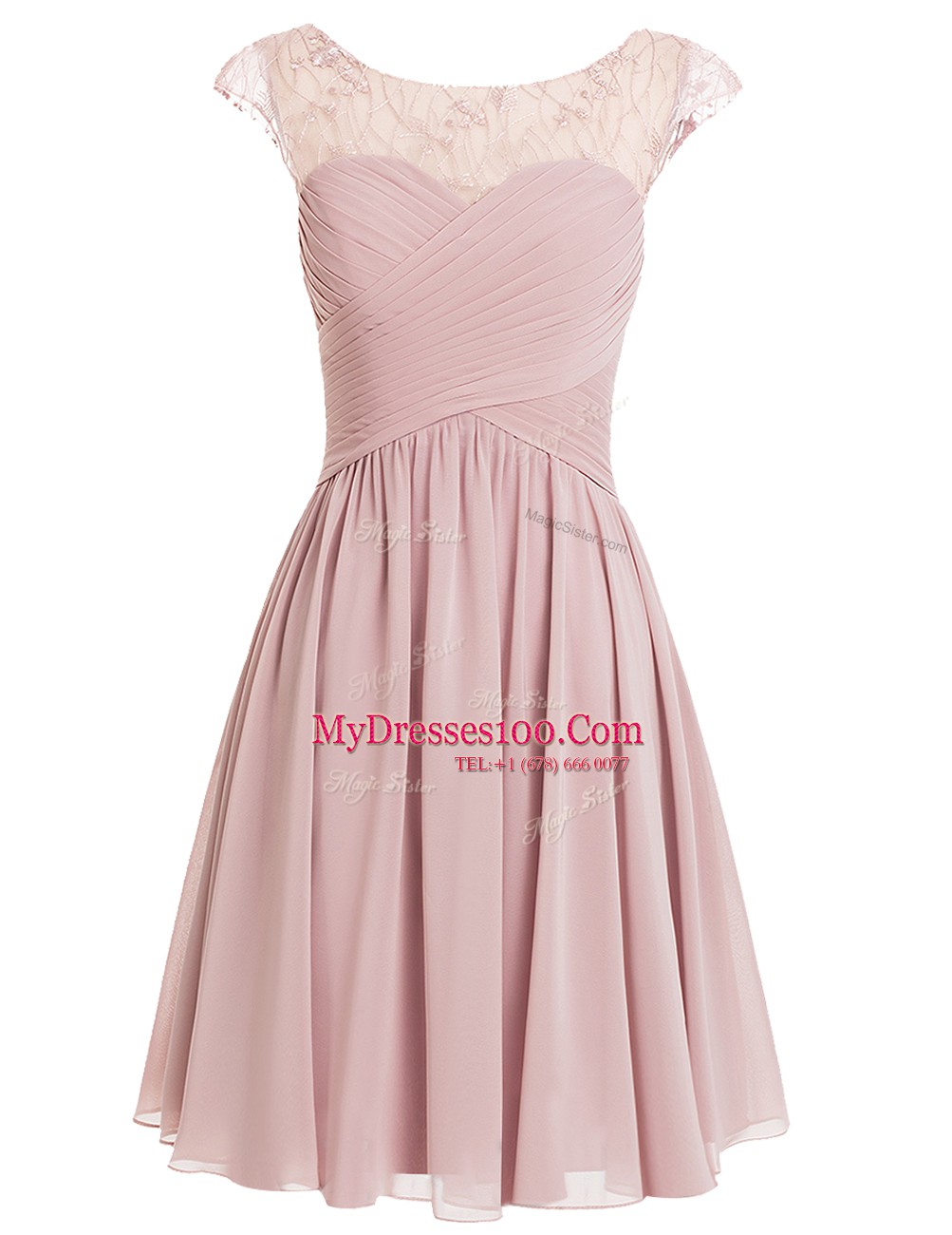 Great Pink A-line Scoop Cap Sleeves Chiffon Knee Length Zipper Beading Prom Party Dress