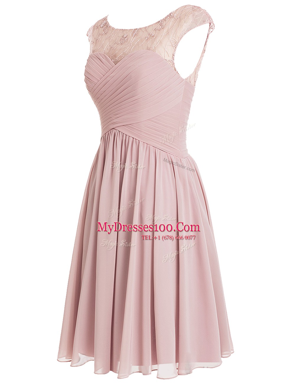 Great Pink A-line Scoop Cap Sleeves Chiffon Knee Length Zipper Beading Prom Party Dress