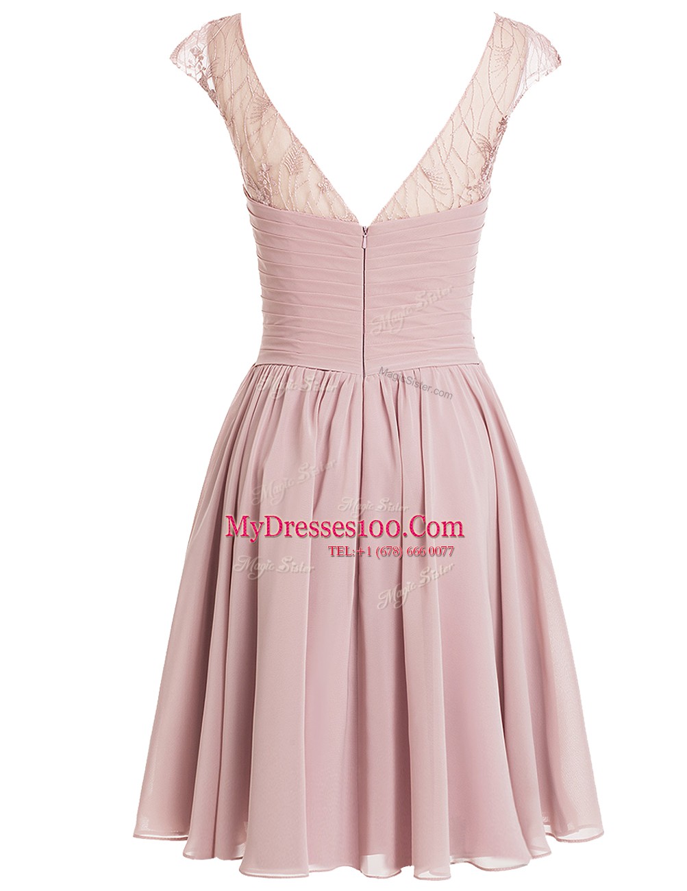 Great Pink A-line Scoop Cap Sleeves Chiffon Knee Length Zipper Beading Prom Party Dress