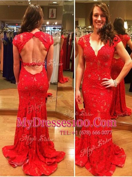 Mermaid Backless With Train Red Homecoming Dress Lace Court Train Cap Sleeves Lace