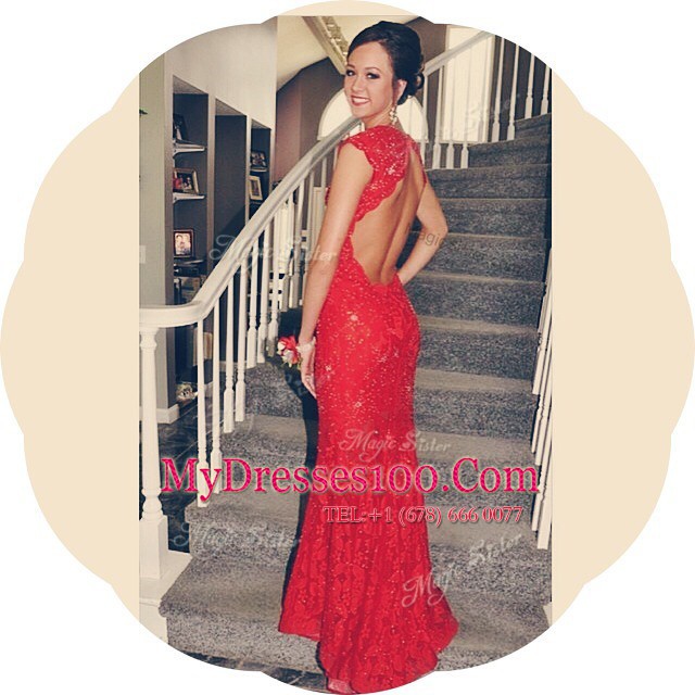 Mermaid Backless With Train Red Homecoming Dress Lace Court Train Cap Sleeves Lace