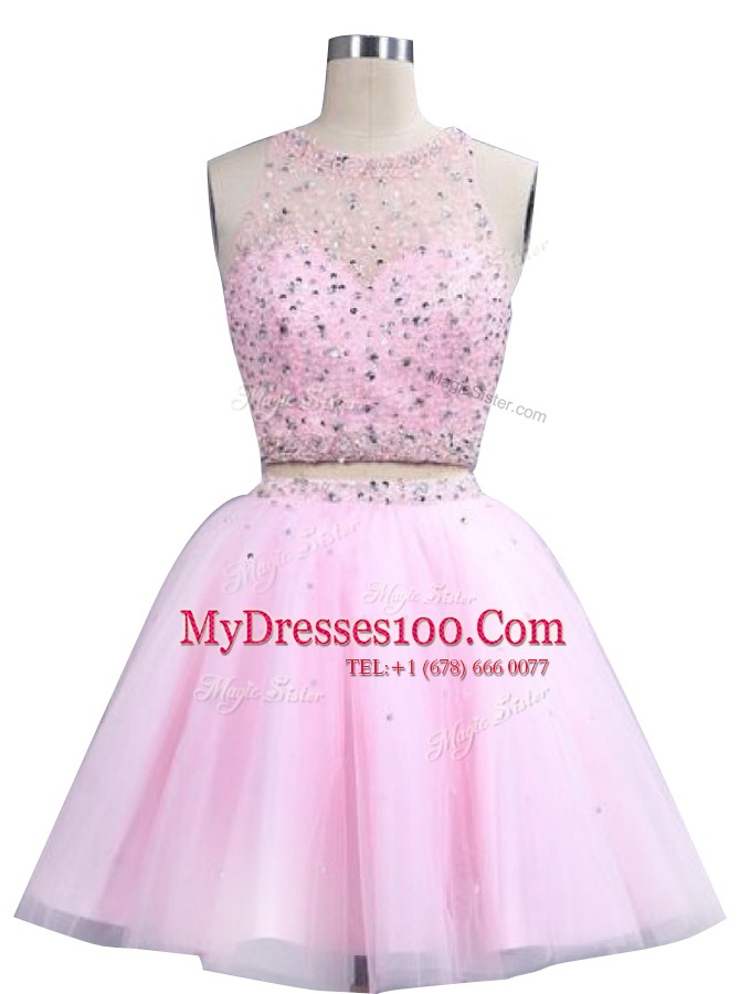 Pink Organza Zipper Scoop Sleeveless Knee Length Prom Gown Beading