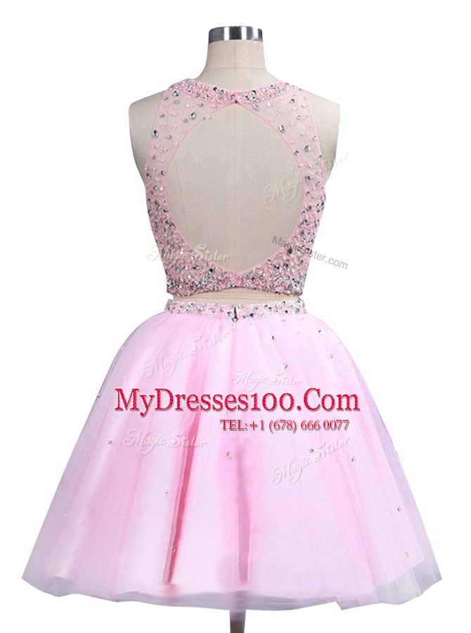 Pink Organza Zipper Scoop Sleeveless Knee Length Prom Gown Beading