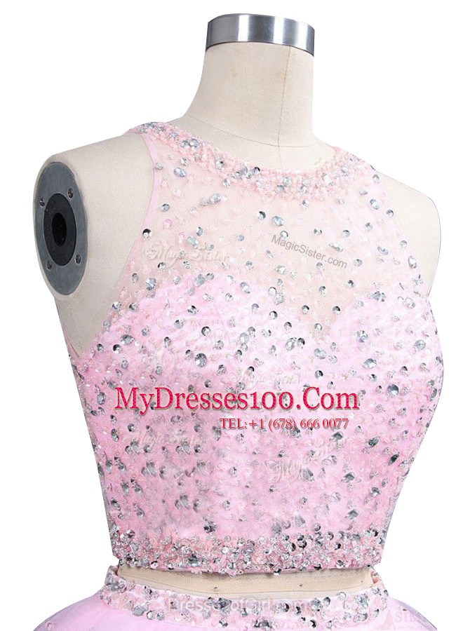 Pink Organza Zipper Scoop Sleeveless Knee Length Prom Gown Beading