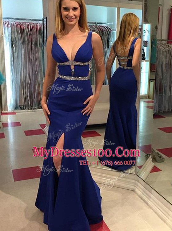 Mermaid Royal Blue Backless V-neck Beading Evening Outfits Chiffon Sleeveless