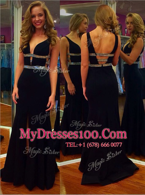 Mermaid Royal Blue Backless V-neck Beading Evening Outfits Chiffon Sleeveless